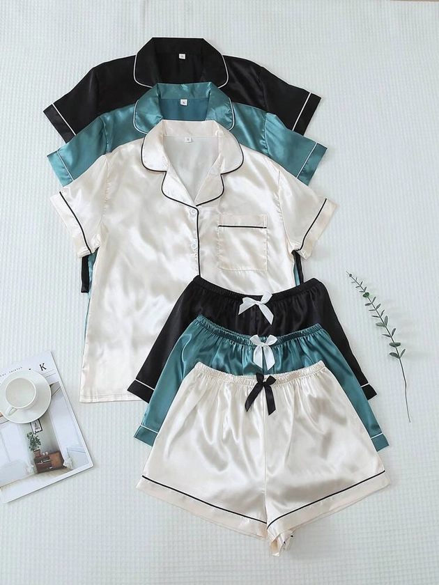 3pcs Solid Color Satin Pyjama Sets, Women's Loungewear Set With Short Sleeve Buttoned Collar Top And Bowknot Shorts, Suitable For Home Use