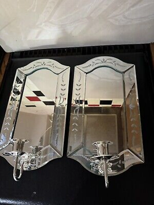 Stunning Pr. Vintage Decorative Mirror Glass Sconce Candle Holders Wall Hanging | eBay