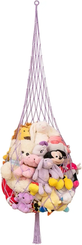 Novel Stuffed animal Net or Hammock Macrame Plush Toy Display- One Hook Only! Convenient for Corners, Walls and Ceiling Hanging Net, stuff animal storage for kid room Bedroom Playroom-Purple