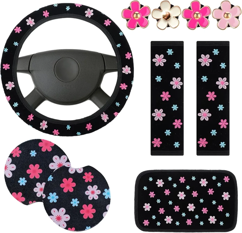 10 Pcs Embroidery Cute Flower Car Accessories Set Floral Steering Wheel Cover Car Air Vent Clips Center Console Armrest Cushion Car Cup Mats Seat Belt Covers for Women Girls (Classic Style)