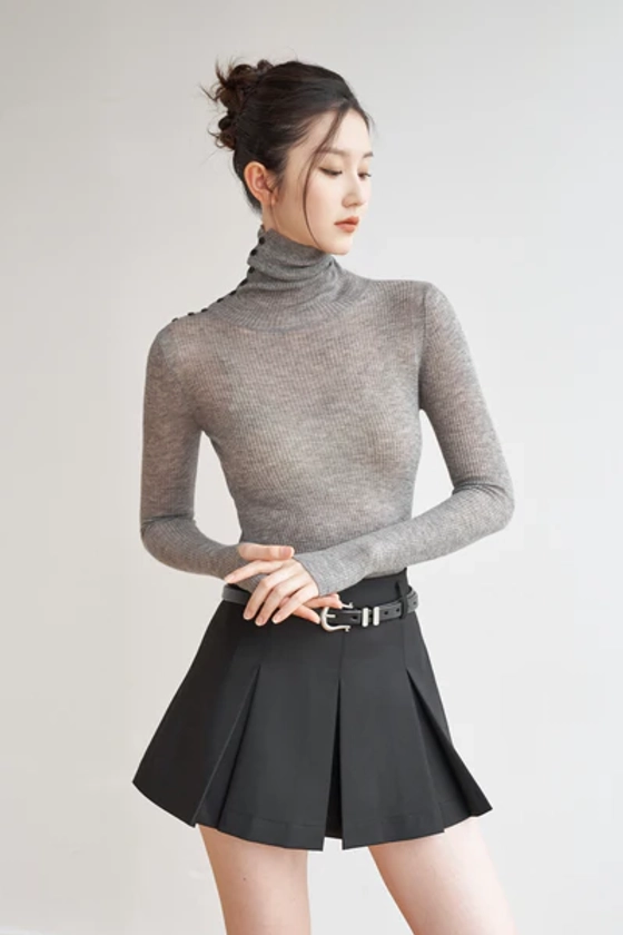 Sparkle Wool Turtleneck Top - Grey