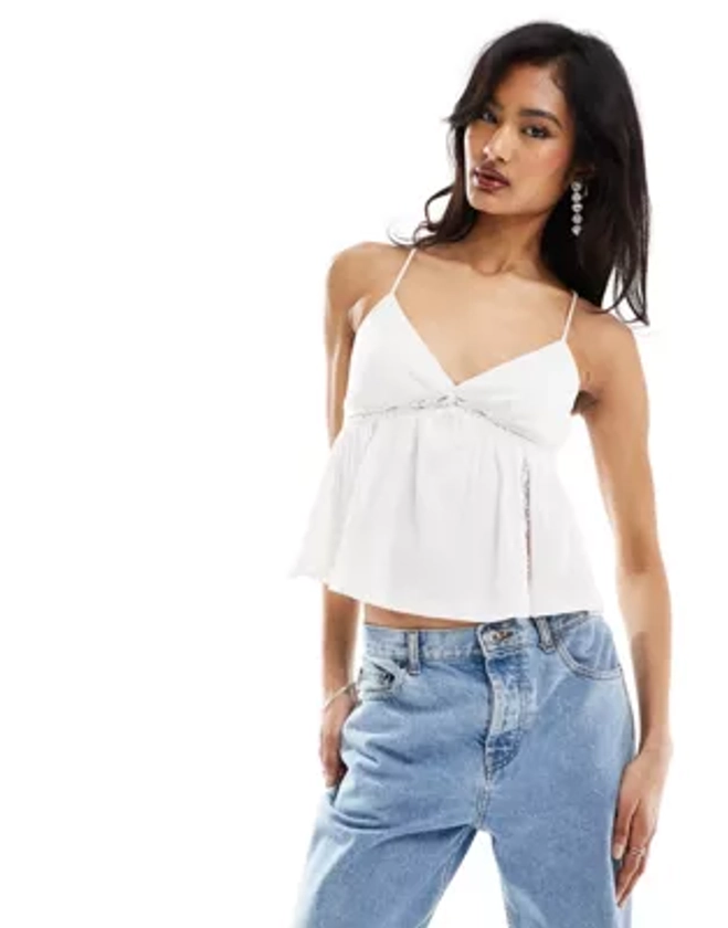 ASOS DESIGN crinkle lace insert cami blouse with open back in white | ASOS