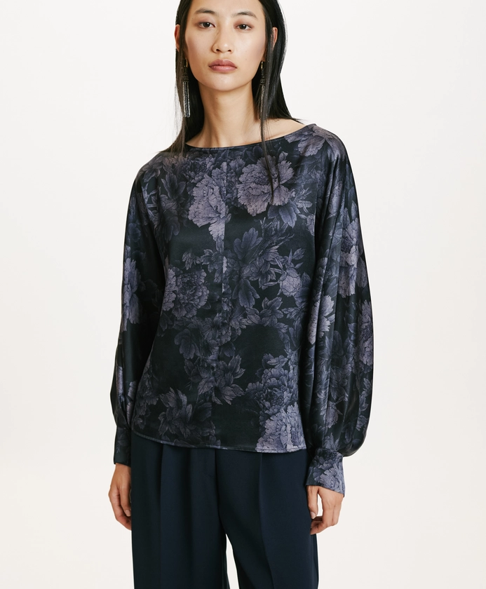 BLOUSE SAGI EN SATIN STRETCH IMPRIMÉ - BLEU/BLEU NUIT