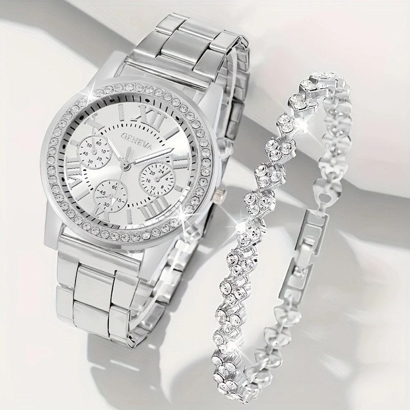 2pcs/set Women's Shiny Rhinestone Quartz Watch Business Fashion Analog Wrist Watch & Bracelet, Gift For Mom Her