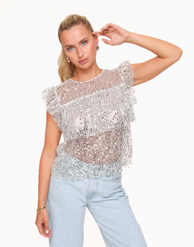 Witte Mesh Pailletten Ruffel - Top | Olivia & Kate