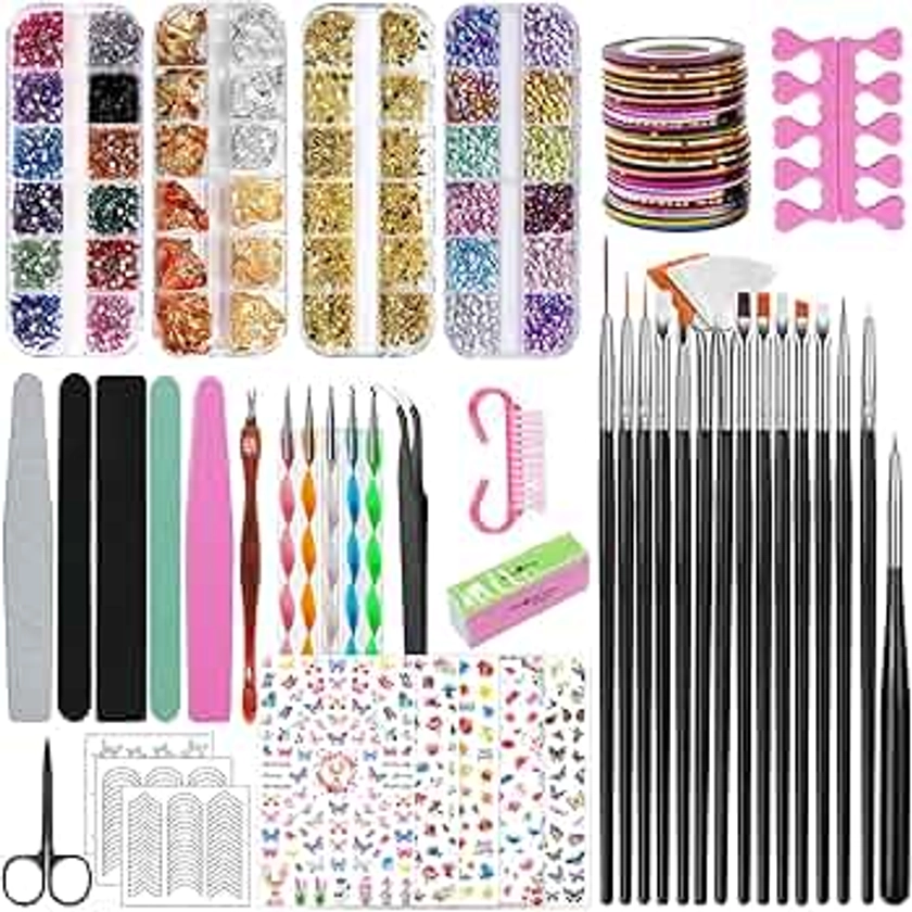 SAMISO 96 Pièces Kit de Nail Art Pinceau,15 Pcs Pinceaux Ongles Nail Art Brosses, 5 Stylos Dotting, 30 Pcs Striping Tape Autocollant, 3 Boîtes Ongles Strass,Nail Art Accessoires Professionnel kit