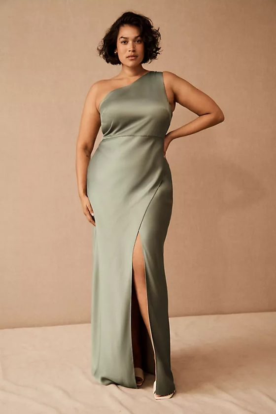 BHLDN Dylan One-Shoulder Satin Side-Slit Gown