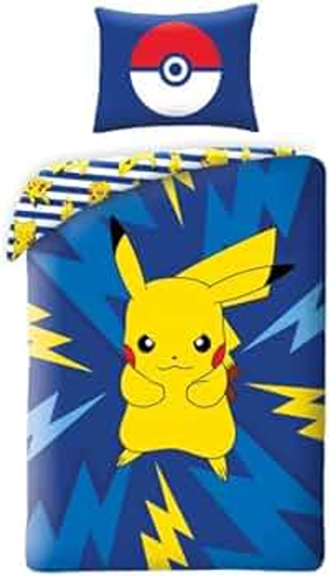 Halantex Parure de lit Pokemon Pikachu, 100% Coton, Housse de Couette Réversible 140x200 cm + Taie d'oreiller 65x65 cm