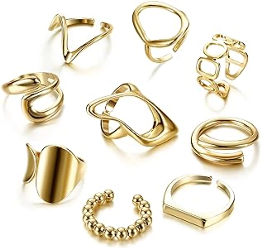 FIBO STEEL 9 Pcs Gold Chunky Rings for Women 18K Gold Plated Ring Set Dome Thick Open Rings Adjustable