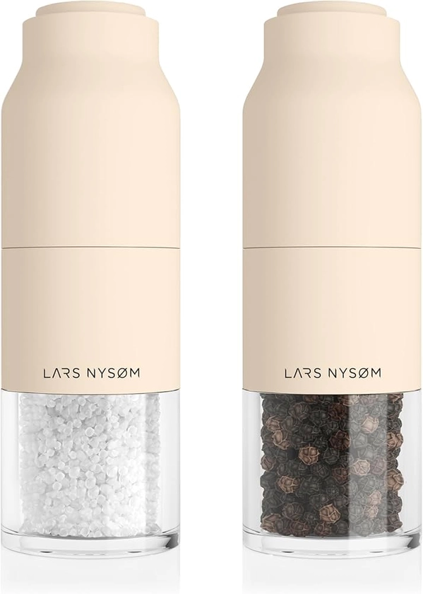 Amazon.com: LARS NYSØM Salt and Pepper Grinder Set Stainless Steel with Adjustable Grinder I Bottle Design Spice Mills Set Manual (Almond Beige): Home & Kitchen