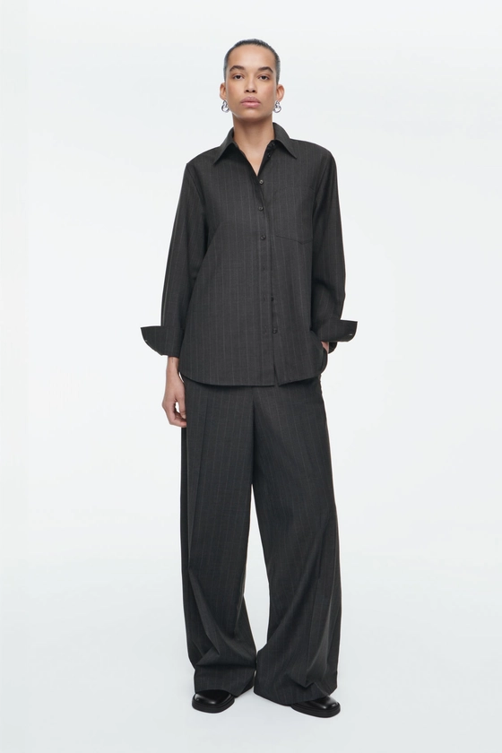 WIDE-LEG PINSTRIPED WOOL TROUSERS