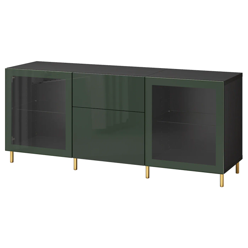 BESTÅ storage combination with drawers, black-brown Selsviken/Ösarp/dark olive-green clear glass, 180x42x74 cm (707/8x161/2x291/8") - IKEA CA