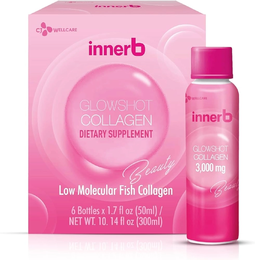 CJwellcare Innerb Glowshot Collagen (10.1fl oz, 6 Servings) - Low-Molecular-Weight Fish Collagen Shots for Elasticity, Hydration, Improved Skin, Hair & Nails. Liquid Marine Collagen 3,000mg.