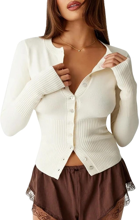 Women Open Front Button Up Cropped Cardigan Ribbed Knit Long Sleeve Shirt Casual Solid Crop Top Cardigan Sweater
