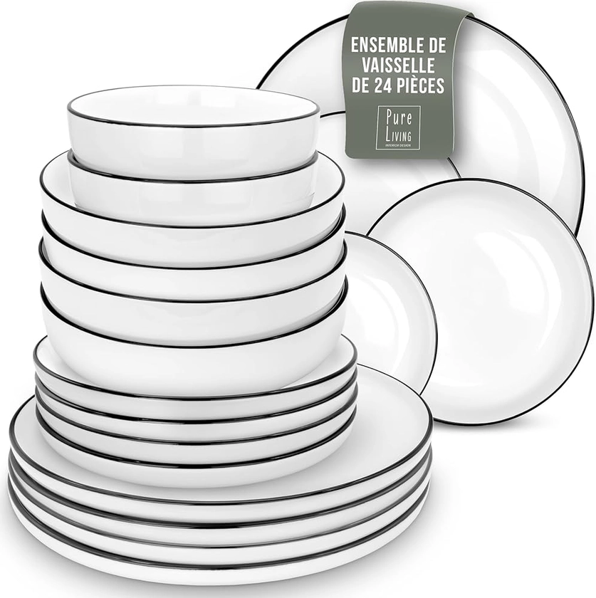 Service vaisselle complet pour 6 personnes Scandi-Style - 24 pièces en porcelaine premium blanche, de qualité supérieure - Ensemble d'assiettes et de bols résistente au lave-vaisselle