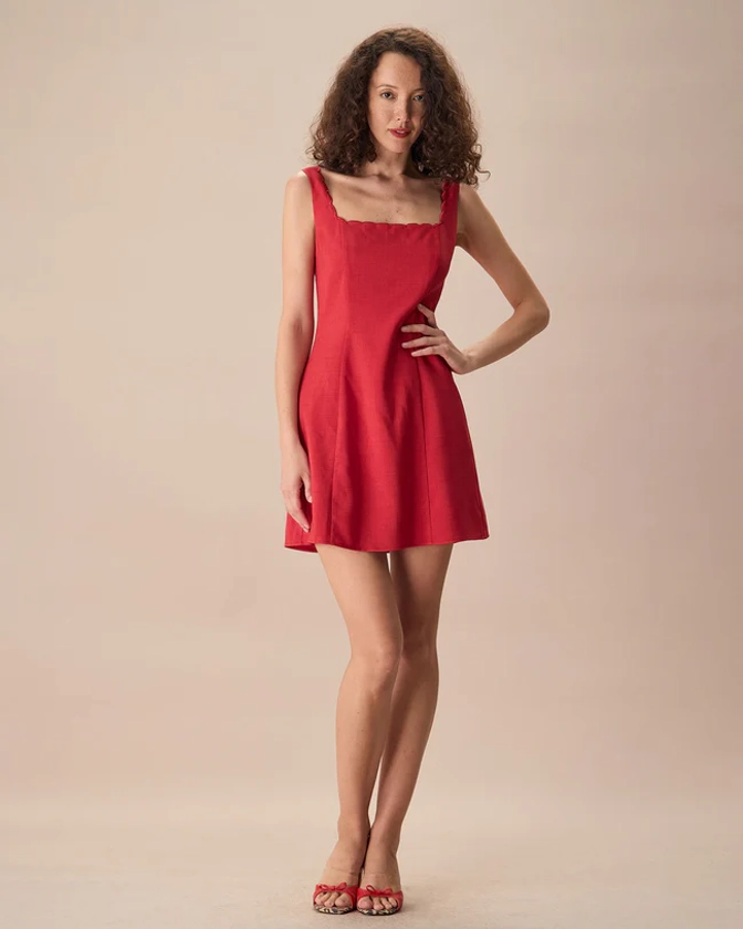 The Red Square Neck Scalloped Mini Dress & Reviews - Red - Dresses | RIHOAS
