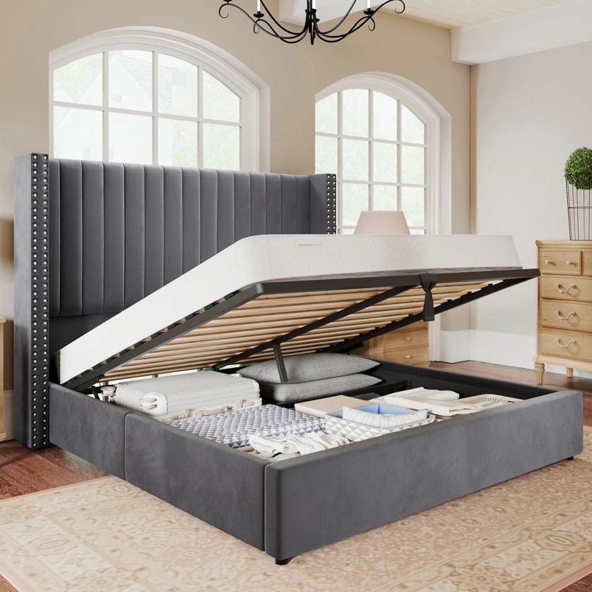 Amerlife Grant Bed Frame Upholstered Platform Velvet Lift Up Storage Bed