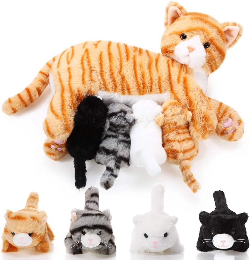 Nurturing Cat Stuffed Animal with Plush Kittens, Cat Baby Stuffed Animals for Girls and Boys Plushy Kitty Mommy Cat with 4 Baby Cats for Birthday Party Favors Gifts(Cute Style)