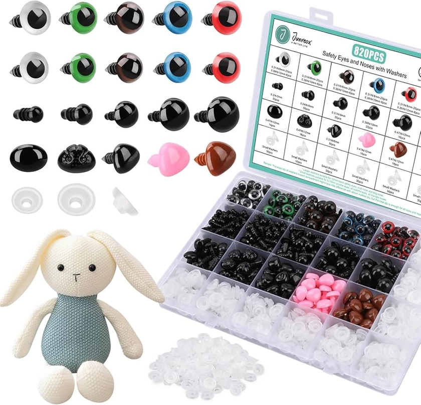 Junreox 820pcs Safety Eyes for Amigurumi- Premium Safety Eyes and Noses for Crochet Animals, Assorted Size Crochet Eyes with Washers for Dolls Plushies Toys, Safety Eyes for Stuffed Animals Teddy Bear