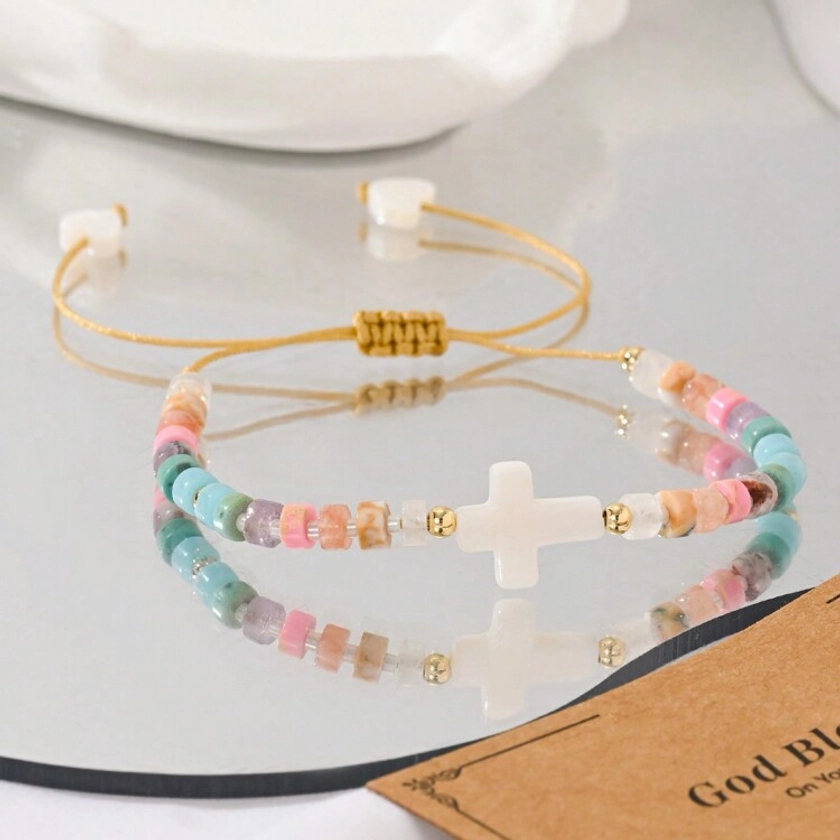 Bohemian Minimalist Style, Shell Cross, Heart, Copper Bead, Yueliang, Domestic Rice Bead, Semi Precious Stone Spacer Bracelet, Jewelry, Suitable For Daily Wear, Gift