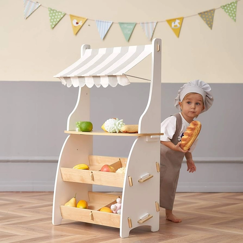 Hooga Wooden Toy Shop, Kids Role Play Shop Market Stand With Realistic Shelving and Fabric Canopy Supermarket Toy - Grey/White