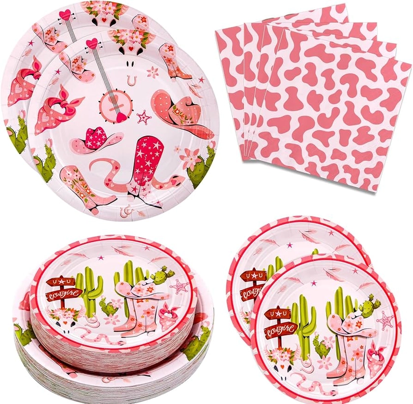 180PCS Cowgirl Party Supplies Serve 60, Western Party Paper Plates and Napkins Set for Pink Cowgirl Rodeo Birthday Bachelorette Party Decorations, Includes Dinner Plates, Dessert Plates, Napkins