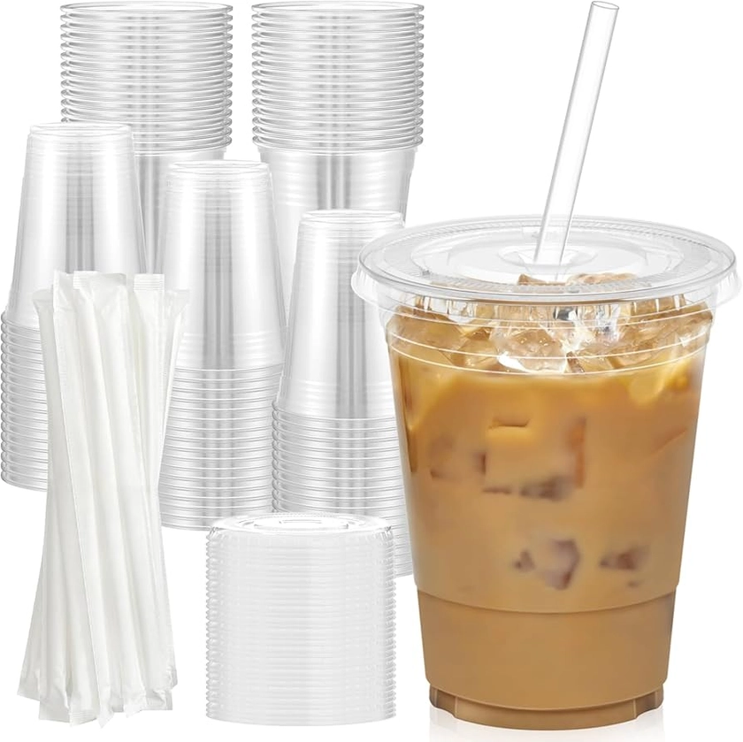 100 Pack - 16 oz Clear Plastic Cups with Lids and Straws, Sturdy & Food Safe Iced Coffee Cups with lids, Iced Coffee Cup, Disposable Cups Plastic Coffee Cups Smoothie Cups for Cold Drinks