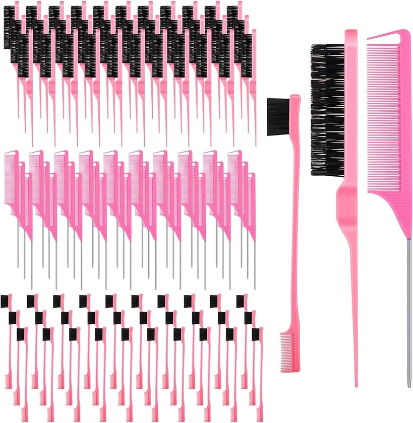 90 Pieces Hair Styling Comb Set Including 30 Pcs Teasing Hair Brush 30 Pcs Sturdy Rat Tail Comb 30 Pcs Edge Brush Bristle Hair Brush Grooming Combs for Women Man Hair, Pink