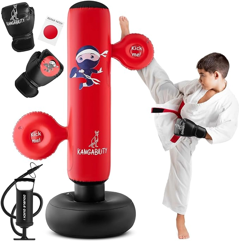 Kids Punching Bag Set | Tall 5’3” Boxing Bag w/Gloves, 2 Focus Pads, Pump | Punching Bag Standing Bounce-Back Action | Durable Punching Bag Kids 3 to 12 | Inflatable Punching Bag for Kids