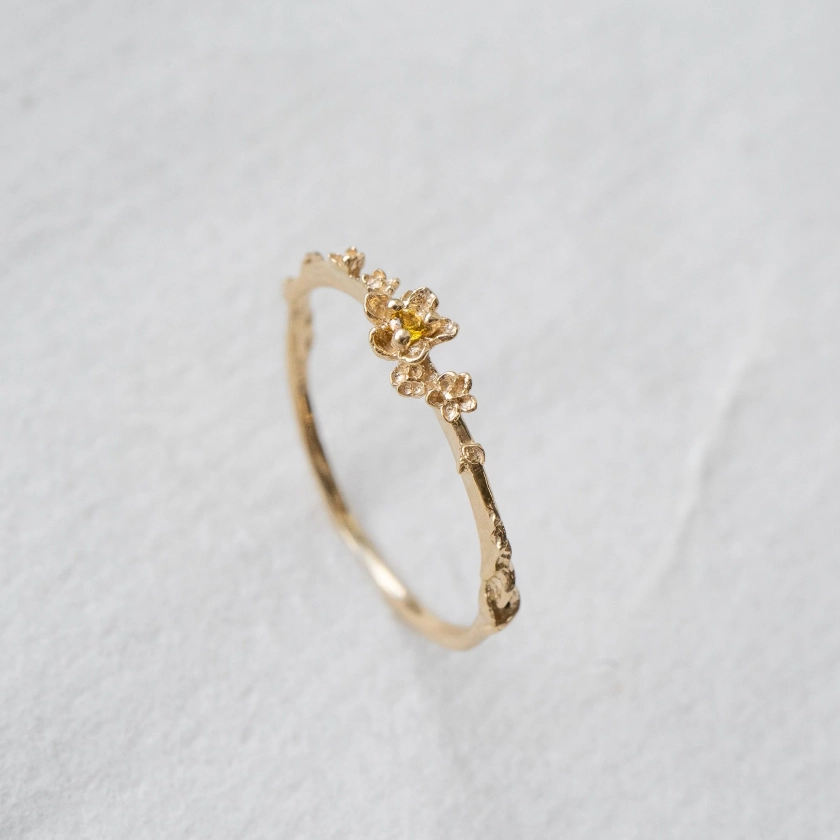 Delicate and Sculptural Buttercup Flower Solid Gold Stacking Ring