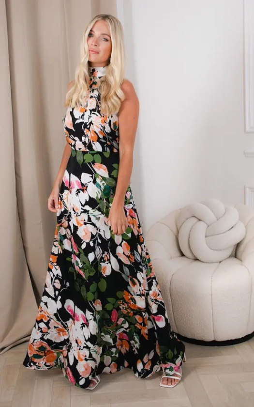 Black Floral Halter Maxi Dress | Needs No Label | SilkFred