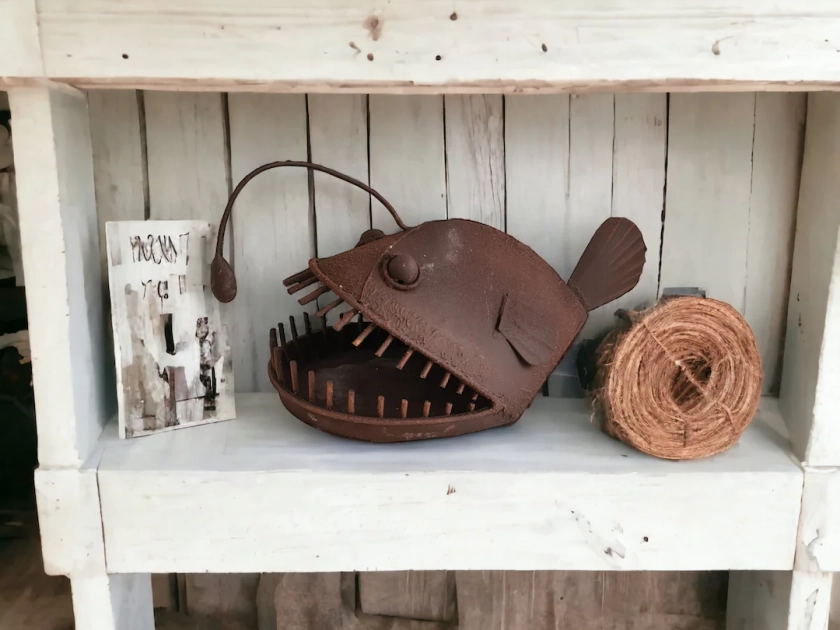 Handmade Rustic Angler Fish Metal Ornament - Quirky Home Decor - Allan The Angler Fish