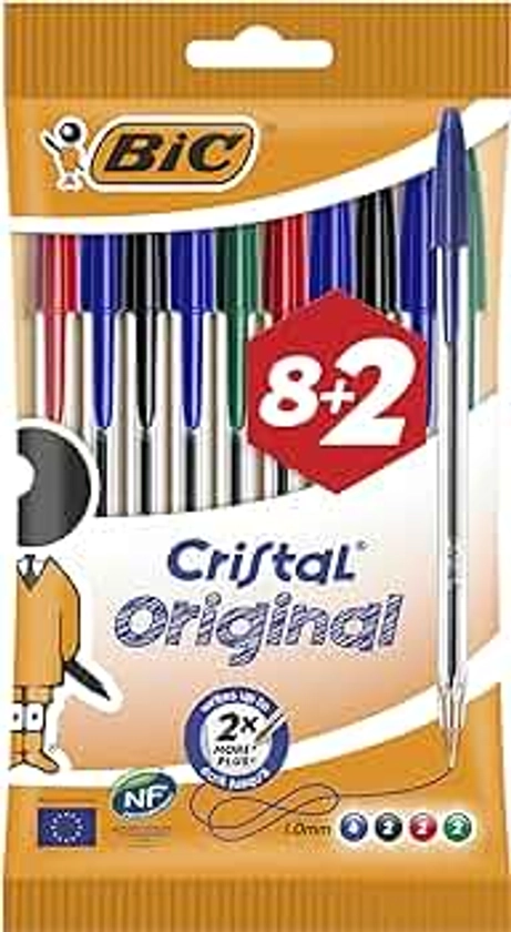 BIC Cristal Original Ballpoint , Comfortable Biro Pens, Medium Point (1.0mm), Assorted Colours, Pack of 10