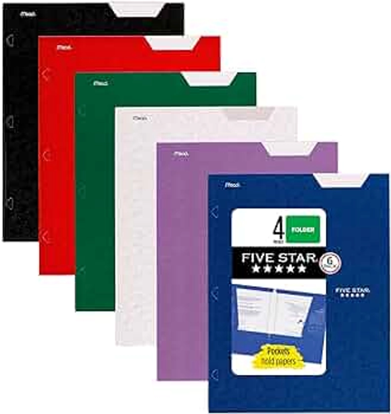 Five Star 4 Pocket Folders, 6 Pack, Paper Folders, Fits 3-Ring Binders, Holds 8-1/2" x 11" Paper, Writable Label, Black, Fire Red, Forest Green, Pacific Blue, White, Amethyst Purple (38058)
