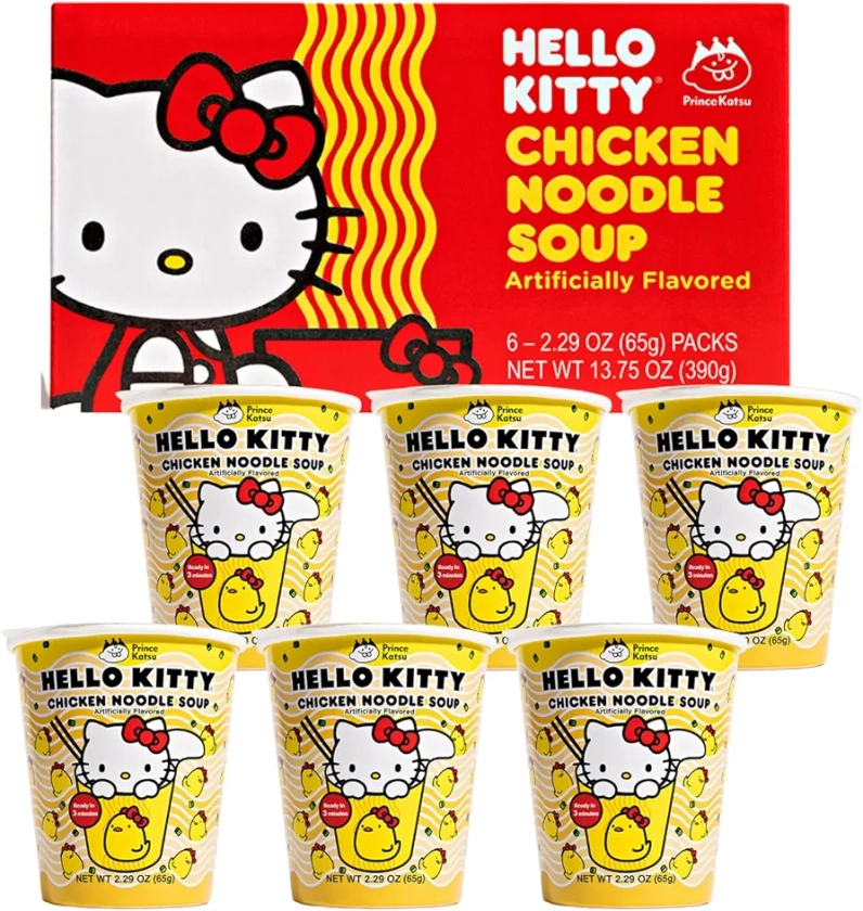 Hello Kitty Instant Ramen Noodle Cup, 6 Pack, Chicken Flavor, Premium Microwaveable Ramen Soup Mix, Asian Snacks