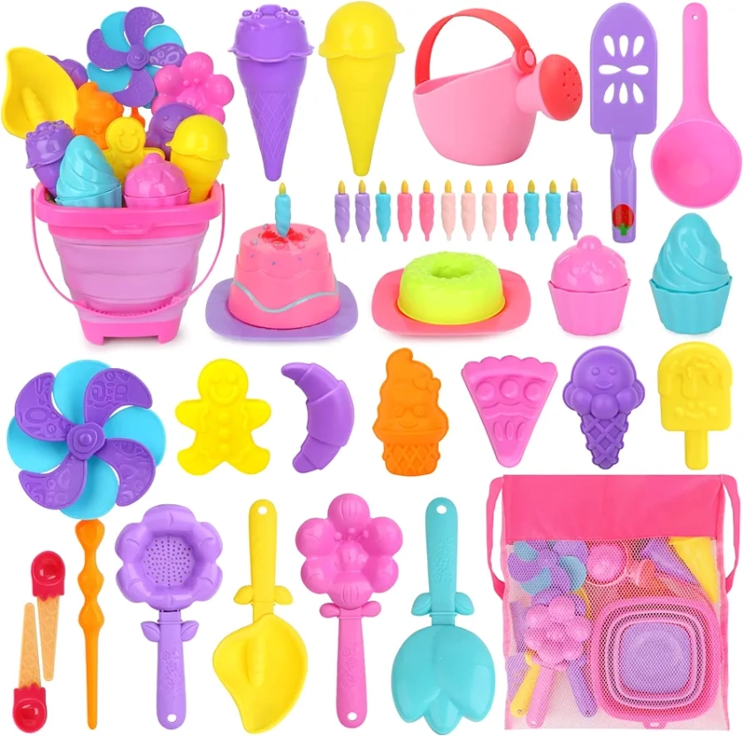 Joyreal 46 PCS Ice Cream Beach Toys - Sand Pit Toys with Collapsible Bucket and Spade Beach Set Kids with Shovel Tool Kits Storage Mesh Bag for Toddlers Boys Girls