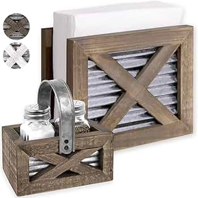 Autumn Alley Farmhouse Napkin Holder and Adorable Farmhouse Salt and Pepper Shakers Set With Wood Holder - Barn Door Motif, Galvanized Metal - Upright Rustic Napkin Holder Rustic Kitchen Décor (Brown)