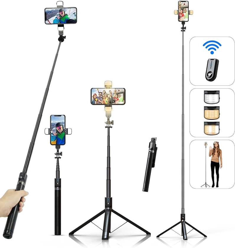 Perche à Selfie Trépied pour Smartphone - ASHINER 180cm Hauteur Support de Téléphone avec Télécommande et Lumières LED pour Voyages, Vlogs, Vidéos et Photos, Compatible avec Les iPhone et Android