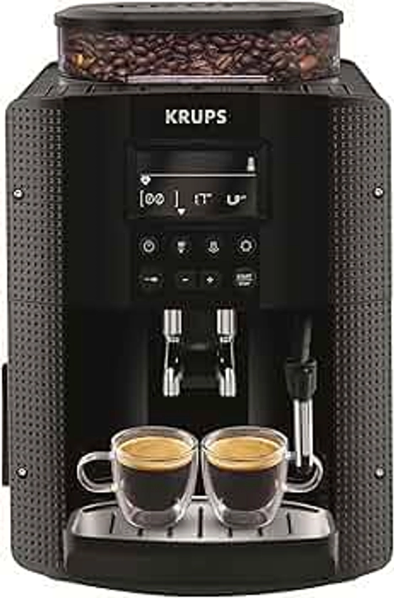 Krups Machine à café grain, 2 expressos simultanés, Ecran LCD, Cafetière espresso compacte, Nettoyage automatique, Buse vapeur pour Cappuccino, Essential noire YY8135FD, Noir