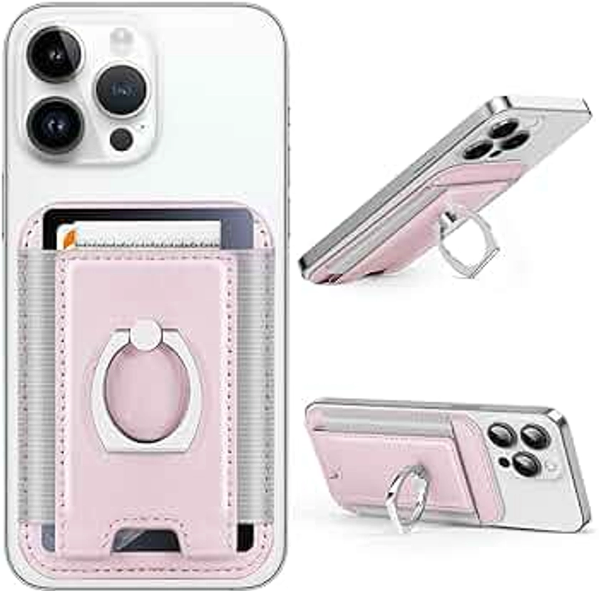 Magnetic Card Wallet Holder with MagSafe for iPhone 14/13/12, Magsafe Wallet with Ring Holder, Magnetic Wallet Card Holder with Phone Grip for Back of iPhone 14, iPhone 13 and iPhone 12 Series Pink