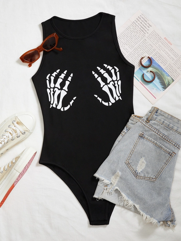 SHEIN ICON Skeleton Hand Print Tank Bodysuit