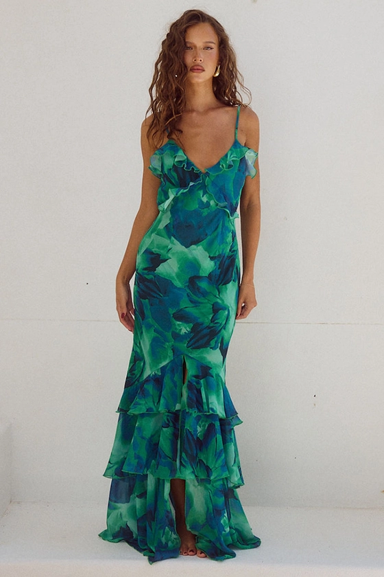 Backless V Neck Layered Ruffle Floral Print Front Slit Maxi Dresses-Green [Pre Order]