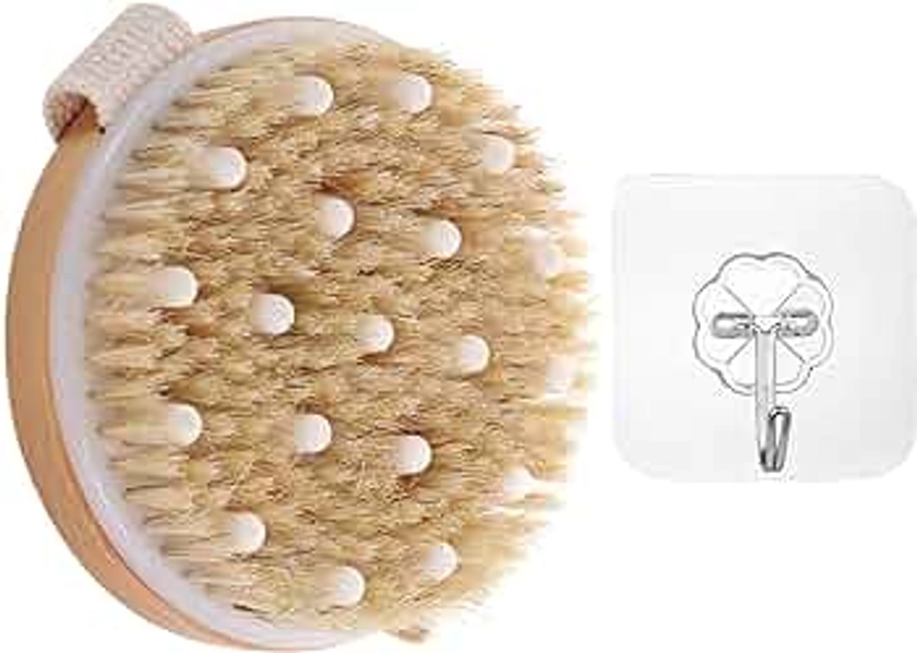 Dry Brushing Body Brush with Hook, Massager Body Bath Brush, Wooden Exfoliating Scrub with Soft Stiff Natural Bristles for Dry Skin Clean Body Dirt(Brown,Size:11x11x5cm)