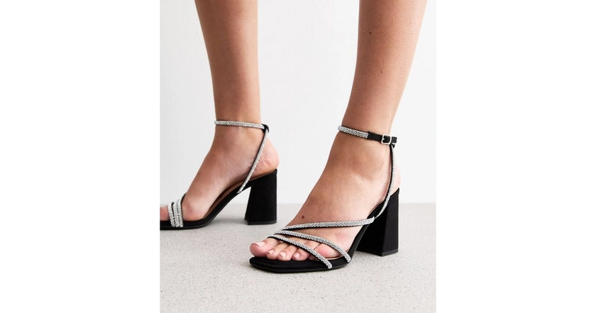 Black Diamante Multi Strap Block Heel Sandals | New Look