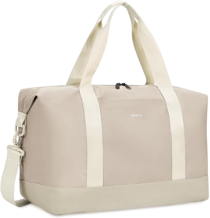 ECOHUB Sac de Voyage Pliable, 30L Bagage Cabine 45x36x20 Easyjet, Bagage à Main avec Amovible Poche Humide, Sac Weekend Femme Hommes, Sac Cabine Avion, Sac d'Hôpital, Brevet en Cours(Beige)