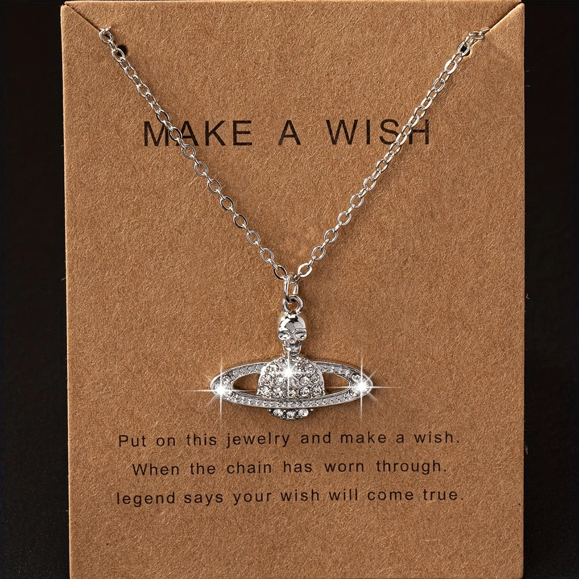 Exquisite Planet Design Shiny Rhinestone Inlaid Pendant Necklace With Blessing Card Elegant Style Delicate Female Gift