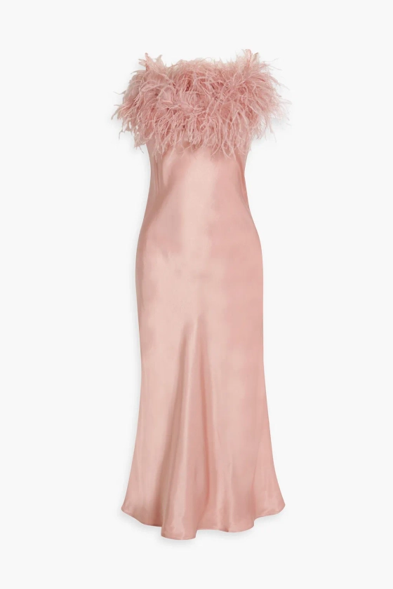 SLEEPER Boheme feather-trimmed satin midi slip dress | THE OUTNET