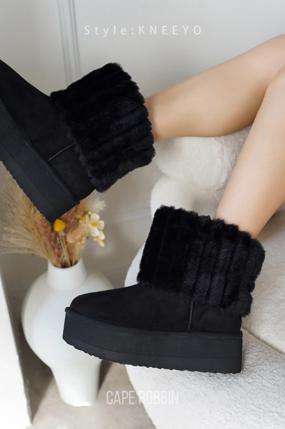 Kneeyo Fold-Over Fur & Suede Platform Booties