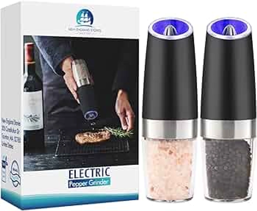 Gravity Electric Pepper and Salt Grinder Set, Battery Operated Pepper Mill with Blue LED Light, One Hand Operation, Flip to Grind, Adjustable Coarseness