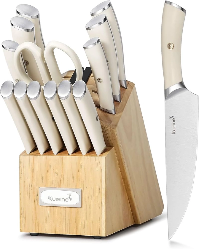 Kuisine Kitchen Chef's Knife Set Block Utensils Set, German High Carbon Stainless Steel Razor-Sharp Blade Ergonomic Handle, Kitchen Knife Block Set with Built-in Sharpener, Elegant Gift(Ivory,15pcs）